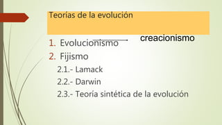Teorías de la evolución
1. Evolucionismo
2. Fijismo
2.1.- Lamack
2.2.- Darwin
2.3.- Teoría sintética de la evolución
creacionismo
 