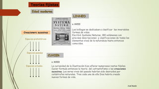 Teorías fijistas
José Ramón
s. XVIII
Los biólogos se dedicaban a clasificar las invariables
formas de vidas.
Escribió Systema Naturae, 180 volúmenes con
precisas descripciones y clasificaciones de todos los
elementos vivos de la naturaleza hasta entonces
conocidos.
Especies prehistóricas
s. XVIII
La curiosidad de la Ilustración hizo aflorar numerosos restos fósiles.
Cuvier formula entonces la teoría del catrastofismo o las creaciones
sucesivas. Los seres vivos del pasado habrían sido desruidos por
catástrofes naturales. Tras cada una de ella Dios habría creado
nuevas formas de vida.
Especies pasadas
Especies actuales
LINNEO
CUVIER
Edad moderna
Creacioners sucesivas
 