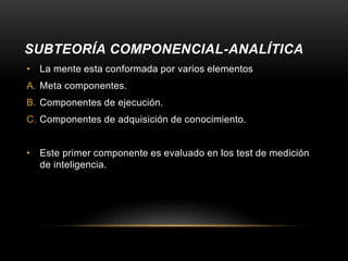 • La mente esta conformada por varios elementos
A. Meta componentes.
B. Componentes de ejecución.
C. Componentes de adquisición de conocimiento.
• Este primer componente es evaluado en los test de medición
de inteligencia.
SUBTEORÍA COMPONENCIAL-ANALÍTICA
 
