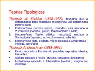 Teorías Tipológicas <ul><li>Tipología de Sheldon (1898-1977):   descubrió que a determinados tipos corporales correspondía...