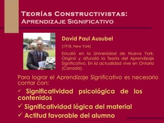 Teorías Constructivistas: Aprendizaje Significativo David Paul Ausubel (1918, New York) Estudió en l a Universidad  de Nueva York. O riginó y difundió la  Teoría  del  Aprendizaje  Significativo. En la actualidad  vive  en Ontario (Canadá). Para  lograr el Aprendizaje Significativo  es necesario contar con : Significatividad psicológica  de los  contenidos Significatividad  lógica  del material  Actitud favorable del alumno 