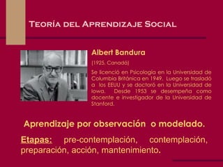 Teoría del Aprendizaje Social Albert Bandura (1925, Canadá) Se licenció  en Psicología  en  la Universidad de Columbia Británica en 1949.  Luego se trasladó a  los EEUU y se doctoró en la Universidad de Iowa.  Desde 1953 se desempeña como docente e investigador de la Universidad de Stanford. Aprendizaje por observación  o modelado. Etapas:   pre-contemplación, contemplación, preparación, acción, mantenimiento . 