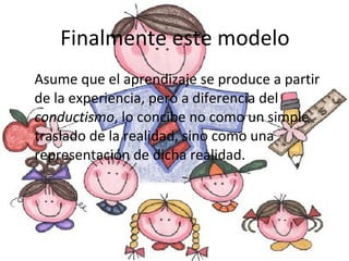 Finalmente este modelo Asume que el aprendizaje se produce a partir de la experiencia, pero a diferencia del  conductismo , lo concibe no como un simple traslado de la realidad, sino como una representación de dicha realidad. 