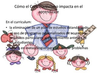 Cómo el Constructivismo impacta en el aprendizaje En el curriculum: la eliminación de un plan de estudios estandarizado.  el uso de programas personalizados de acuerdo a requisitos particulares al conocimiento anterior de los estudiantes.  énfasis en metodologías para solucionar problemas prácticos. 
