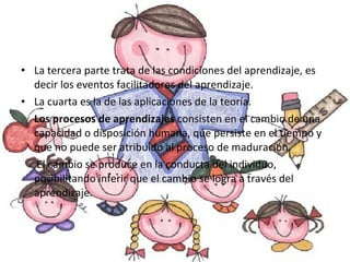 La tercera parte trata de las condiciones del aprendizaje, es decir los eventos facilitadores del aprendizaje. La cuarta es la de las aplicaciones de la teoría. Los procesos de aprendizajes  consisten en el cambio de una capacidad o disposición humana, que persiste en el tiempo y que no puede ser atribuido al proceso de maduración.  El cambio se produce en la conducta del individuo, posibilitando inferir que el cambio se logra a través del aprendizaje. 