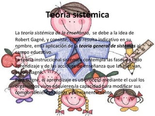 Teoría sistémica La  teoría sistémica de la enseñanza ,  se debe a la idea de Robert Gagné, y consiste, como resulta indicativo en su nombre, en la aplicación de la  teoría general de sistemas  al campo educativo. La teoría instruccional sistémica contempla las fases de todo aprendizaje y de las acciones de enseñanza que las motivan, según Gagné.  Para Gagné, el aprendizaje es un proceso mediante el cual los organismos vivos adquieren la capacidad para modificar sus comportamientos rápida y permanentemente. 