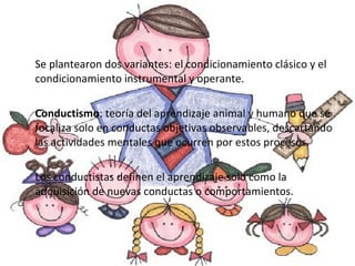 Se plantearon dos variantes: el condicionamiento clásico y el condicionamiento instrumental y operante.  Conductismo : teoría del aprendizaje animal y humano que se focaliza solo en conductas objetivas observables, descartando las actividades mentales que ocurren por estos procesos. Los conductistas definen el aprendizaje solo como la adquisición de nuevas conductas o comportamientos. 