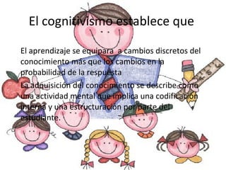 El cognitivismo establece que El aprendizaje se equipara  a cambios discretos del conocimiento más que los cambios en la probabilidad de la respuesta La adquisición del conocimiento se describe como una actividad mental que implica una codificación interna y una estructuración por parte del estudiante. 
