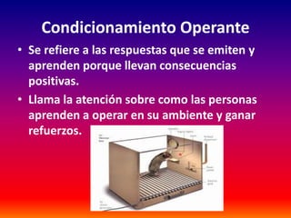 Condicionamiento Operante
• Se refiere a las respuestas que se emiten y
  aprenden porque llevan consecuencias
  positivas.
• Llama la atención sobre como las personas
  aprenden a operar en su ambiente y ganar
  refuerzos.
 