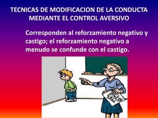 TECNICAS DE MODIFICACION DE LA CONDUCTA
     MEDIANTE EL CONTROL AVERSIVO

    Corresponden al reforzamiento negativo y
    castigo; el reforzamiento negativo a
    menudo se confunde con el castigo.
 