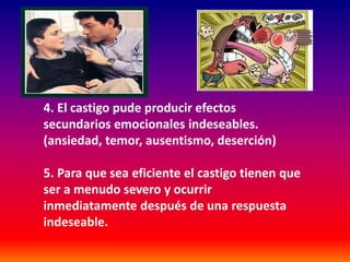 4. El castigo pude producir efectos
secundarios emocionales indeseables.
(ansiedad, temor, ausentismo, deserción)

5. Para que sea eficiente el castigo tienen que
ser a menudo severo y ocurrir
inmediatamente después de una respuesta
indeseable.
 