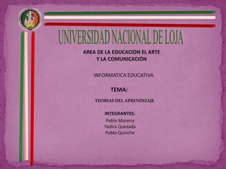 INFORMATICA EDUCATIVA

      TEMA:
TEORIAS DEL APRENDIZAJE

   INTEGRANTES:
    Pablo Moreira
   Yadira Quezada
    Pablo Quinche
 