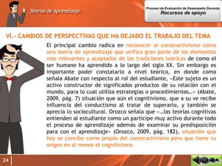 VI.- CAMBIOS DE PERSPECTIVAS QUE HA DEJADO EL TRABAJO DEL TEMA
El principal cambio radica en reconocer al constructivismo como
una teoría de aprendizaje que unifica gran parte de los elementos
más relevantes y aceptados de las tradiciones teóricas de como el
ser humano ha aprendido a lo largo del siglo XX. Sin embargo es
importante poder constatarlo a nivel teórico, en donde como
señala Abate con respecto al rol del estudiante, «Este sujeto es un
activo constructor de significados productos de su relación con el
mundo, para lo cual utiliza estrategias o procedimientos…» (Abate,
2009, pág. 7) situación que aún el cognitivismo, que a su ve recibe
influencia del conductismo al tratar de superarlo, y también se
aprecia lo sociocultural. Orozco señala que «…las teorías cognitivas
entienden al estudiante como un participe muy activo durante todo
el proceso de aprendizaje además de examinar su predisposición
para con el aprendizaje» (Orozco, 2009, pág. 182), situación que
hoy se concibe como propio del constructivismo pero que tiene su
origen en al menos el cognitivismo
24
Proceso de Evaluación de Desempeño Docente.
Recursos de apoyo
 