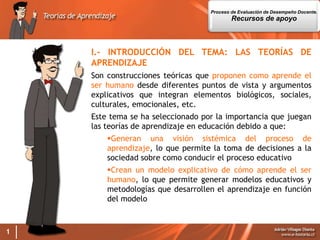 1
I.- INTRODUCCIÓN DEL TEMA: LAS TEORÍAS DE
APRENDIZAJE
Son construcciones teóricas que proponen como aprende el
ser humano desde diferentes puntos de vista y argumentos
explicativos que integran elementos biológicos, sociales,
culturales, emocionales, etc.
Este tema se ha seleccionado por la importancia que juegan
las teorías de aprendizaje en educación debido a que:
Generan una visión sistémica del proceso de
aprendizaje, lo que permite la toma de decisiones a la
sociedad sobre como conducir el proceso educativo
Crean un modelo explicativo de cómo aprende el ser
humano, lo que permite generar modelos educativos y
metodologías que desarrollen el aprendizaje en función
del modelo
Proceso de Evaluación de Desempeño Docente.
Recursos de apoyo
 