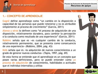 5
1.- CONCEPTO DE APRENDIZAJE
Gagné define aprendizaje como “un cambio en la disposición o
capacidad de las personas que puede retenerse y no es atribuible
simplemente al proceso de crecimiento” (García, 2011)
Alonso y otros lo definen como “el proceso de adquisición de una
disposición, relativamente duradera, para cambiar la percepción
o la conducta como resultado de una experiencia” (García, 2011)
Robbins señala que es «es cualquier cambio de la conducta,
relativamente permanente, que se presenta como consecuencia
de una experiencia» (Robbins, 2004, pág. 43)
Kolb señala que es «la adquisición de nuevos conocimientos a un
grado de generar nuevas conductas» (Tapia, 1997, pág. 69)
De esta forma se entiende que el aprendizaje es un concepto que
posee varias definiciones, pero se puede entender como un
proceso de adquisición de conocimiento, habilidades o actitudes
que el individuo internaliza y utiliza
Proceso de Evaluación de Desempeño Docente.
Recursos de apoyo
 