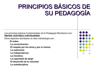 PRINCIPIOS BÁSICOS DE SU PEDAGOGÍA Los principios básicos fundamentales de la Pedagogía Montessori son:  libertad, actividad y individualidad. Otros aspectos abordados en ésta metodología son:            El orden.            La concentración.            El respeto por los otros y por sí mismo.            La autonomía            La independencia.            La iniciativa.            La capacidad de elegir            El desarrollo de la voluntad.            La autodisciplina. 