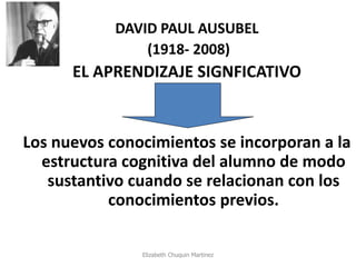 DAVID PAUL AUSUBEL 
(1918- 2008) 
EL APRENDIZAJE SIGNFICATIVO 
Los nuevos conocimientos se incorporan a la estructura cognitiva del alumno de modo sustantivo cuando se relacionan con los conocimientos previos. 
Elizabeth Chuquin Martinez  