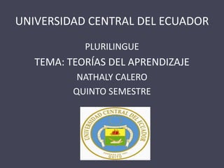 UNIVERSIDAD CENTRAL DEL ECUADOR
PLURILINGUE

TEMA: TEORÍAS DEL APRENDIZAJE
NATHALY CALERO
QUINTO SEMESTRE

 