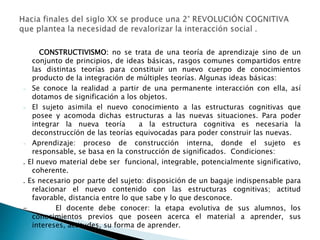 CONSTRUCTIVISMO: no se trata de una teoría de aprendizaje sino de un 
conjunto de principios, de ideas básicas, rasgos comunes compartidos entre 
las distintas teorías para constituir un nuevo cuerpo de conocimientos 
producto de la integración de múltiples teorías. Algunas ideas básicas: 
- Se conoce la realidad a partir de una permanente interacción con ella, así 
dotamos de significación a los objetos. 
- El sujeto asimila el nuevo conocimiento a las estructuras cognitivas que 
posee y acomoda dichas estructuras a las nuevas situaciones. Para poder 
integrar la nueva teoría a la estructura cognitiva es necesaria la 
deconstruccíón de las teorías equivocadas para poder construir las nuevas. 
- Aprendizaje: proceso de construcción interna, donde el sujeto es 
responsable, se basa en la construcción de significados. Condiciones: 
. El nuevo material debe ser funcional, integrable, potencialmente significativo, 
coherente. 
. Es necesario por parte del sujeto: disposición de un bagaje indispensable para 
relacionar el nuevo contenido con las estructuras cognitivas; actitud 
favorable, distancia entre lo que sabe y lo que desconoce. 
- El docente debe conocer: la etapa evolutiva de sus alumnos, los 
conocimientos previos que poseen acerca el material a aprender, sus 
intereses, actitudes, su forma de aprender. 
