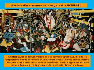 Mito de la diosa japonesa de la luz y el sol: AMATERASU




  Amaterasu, diosa del Sol, molesta con su hermano Susanowo, dios de las
tempestades, decide encerrarse en una profunda cueva. En ese preciso instante
 desaparece la luz de la faz de la tierra. Los dioses han de imaginar un modo de
     sacar a Amaterasu de la gruta a fin de devolver la claridad a la tierra.
 