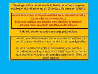 Worringer utiliza las claves de la teoría de la Empatía para
establecer dos direcciones en el proceso de creación artística:

 a) una tiene como modelo la realidad en su claridad formal y
                   se concibe como imitación, y
    b) la otra rechaza ese modelo para concebir la creación
        artística como resultado del afán de abstracción.

       Todo ello conforme a dos actitudes psicológicas:

a) una de concordia entre ser humano y realidad externa a él
   con la que se identifica y que conduce a un arte figurativo,
                                 y
   b) otra de discordia entre el ser humano y su entorno,
   considerado hostil, que le provoca tensión (pathos), con el
    que discrepa, y produce un arte abstracto como reflejo de
                          dicha tensión.
 