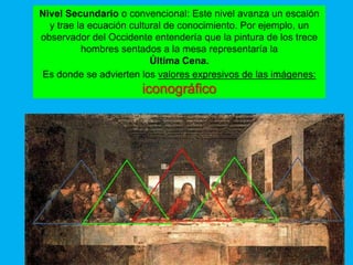 Nivel Secundario o convencional: Este nivel avanza un escalón
  y trae la ecuación cultural de conocimiento. Por ejemplo, un
observador del Occidente entendería que la pintura de los trece
          hombres sentados a la mesa representaría la
                          Última Cena.
Es donde se advierten los valores expresivos de las imágenes:
                       iconográfico
 