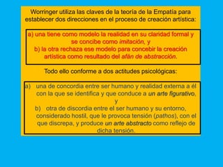 Worringer utiliza las claves de la teoría de la Empatía para
establecer dos direcciones en el proceso de creación artística:
a) una tiene como modelo la realidad en su claridad formal y
se concibe como imitación, y
b) la otra rechaza ese modelo para concebir la creación
artística como resultado del afán de abstracción.
Todo ello conforme a dos actitudes psicológicas:
a) una de concordia entre ser humano y realidad externa a él
con la que se identifica y que conduce a un arte figurativo,
y
b) otra de discordia entre el ser humano y su entorno,
considerado hostil, que le provoca tensión (pathos), con el
que discrepa, y produce un arte abstracto como reflejo de
dicha tensión.
 