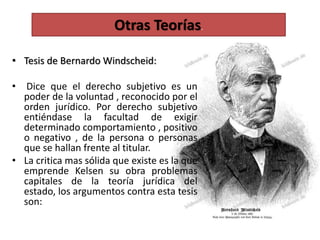 • Tesis de Bernardo Windscheid:
• Dice que el derecho subjetivo es un
poder de la voluntad , reconocido por el
orden jurídico. Por derecho subjetivo
entiéndase la facultad de exigir
determinado comportamiento , positivo
o negativo , de la persona o personas
que se hallan frente al titular.
• La critica mas sólida que existe es la que
emprende Kelsen su obra problemas
capitales de la teoría jurídica del
estado, los argumentos contra esta tesis
son:
Otras Teorías.
 