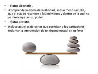 • - Status Libertatis .
• -Comprende la esfera de la libertad , mas o menos amplia,
que el estado reconoce a los individuos y dentro de la cual no
se inmiscuye con su poder.
• - Status Civitatis.
• Incluye aquellos derechos que permiten a los particulares
reclamar la intervención de un órgano estatal en su favor
 