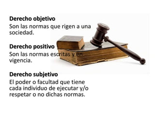 Derecho objetivo
Son las normas que rigen a una
sociedad.
Derecho positivo
Son las normas escritas y en
vigencia.
Derecho subjetivo
El poder o facultad que tiene
cada individuo de ejecutar y/o
respetar o no dichas normas.
 