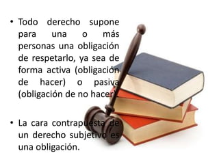 • Todo derecho supone
para una o más
personas una obligación
de respetarlo, ya sea de
forma activa (obligación
de hacer) o pasiva
(obligación de no hacer).
• La cara contrapuesta de
un derecho subjetivo es
una obligación.
 