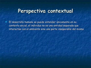 Perspectiva contextual El desarrollo humano se puede entender únicamente en su contexto social, el individuo no es una entidad separada que interactúa con el ambiente sino una parte inseparable del mismo 