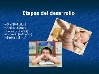Etapas del desarrollo   –  Oral [0-1 años] –  Anal [1-3 años] –  Fálica [3-5 años] –  Latencia [6-11 años] –  Genital [12 - …] 