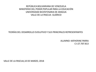 REPÚBLICA BOLIVARIANA DE VENEZUELA
MINISTERIO DEL PODER POPULAR PARA LA EDUCACIÓN
UNIVERSIDAD BICENTENARIA DE ARAGUA
VALLE DE LA PASCUA- GUÁRICO
TEORÍAS DEL DESARROLLO EVOLUTIVO Y SUS PRINCIPALES REPRESENTANTES
ALUMNO: KATHERINE PARRA
C:I:27.707.813
VALLE DE LA PASCUA,10 DE MARZO, 2018
 