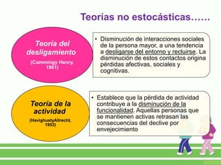• Disminución de interacciones sociales
de la persona mayor, a una tendencia
a desligarse del entorno y recluirse. La
disminución de estos contactos origina
pérdidas afectivas, sociales y
cognitivas.
Teoría del
desligamiento
(Cummingy Henry,
1961)
• Establece que la pérdida de actividad
contribuye a la disminución de la
funcionalidad. Aquellas personas que
se mantienen activas retrasan las
consecuencias del declive por
envejecimiento
Teoría de la
actividad
(HavighustyAllrecht,
1953)
Teorías no estocásticas……
 