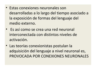 • Estas conexiones neuronales son
desarrolladas a lo largo del tiempo asociado a
la exposición de formas del lenguaje del
medio externo.
• Es así como se crea una red neuronal
interconectada con distintos niveles de
activación.
• Las teorías conexionistas postulan la
adquisición del lenguaje a nivel neuronal es,
PROVOCADA POR CONEXIONES NEURONALES
 
