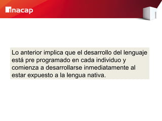 Lo anterior implica que el desarrollo del lenguaje
está pre programado en cada individuo y
comienza a desarrollarse inmediatamente al
estar expuesto a la lengua nativa.
 