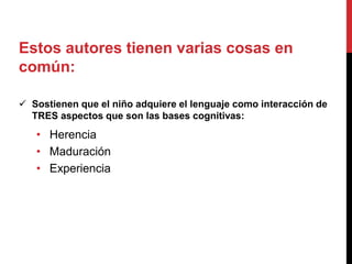 Estos autores tienen varias cosas en
común:
 Sostienen que el niño adquiere el lenguaje como interacción de
TRES aspectos que son las bases cognitivas:
• Herencia
• Maduración
• Experiencia
 