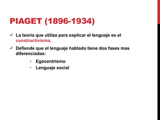 PIAGET (1896-1934)
 La teoría que utiliza para explicar el lenguaje es el
constructivismo.
 Defiende que el lenguaje hablado tiene dos fases mas
diferenciadas:
• Egocentrismo
• Lenguaje social
 
