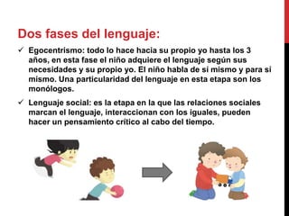 Dos fases del lenguaje:
 Egocentrismo: todo lo hace hacia su propio yo hasta los 3
años, en esta fase el niño adquiere el lenguaje según sus
necesidades y su propio yo. El niño habla de sí mismo y para sí
mismo. Una particularidad del lenguaje en esta etapa son los
monólogos.
 Lenguaje social: es la etapa en la que las relaciones sociales
marcan el lenguaje, interaccionan con los iguales, pueden
hacer un pensamiento crítico al cabo del tiempo.
 