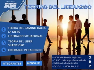 LOGO 
“ Add your company slogan ” 
PROFESOR: Manuel Pinglo Vela 
CURSO: Liderazgo y Desarrollo de 
Habilidades Profesionales 
CICLO: 2 MODULO: 1 Y 2 
3 
0 
2 
1 
2 
3 
4 
INTEGRANTES MENSAJE 
 