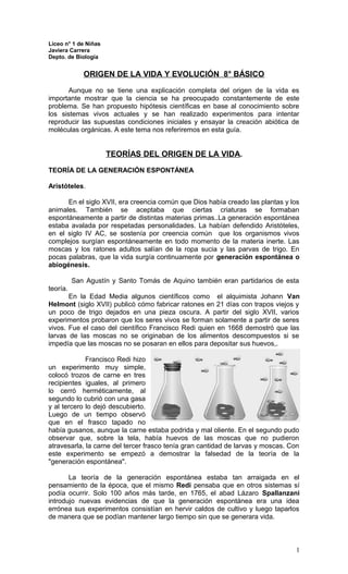 Teorias del origen de la vida 8° basico | DOC