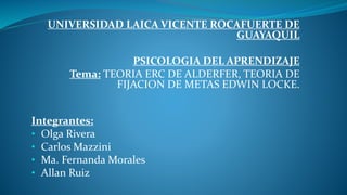 UNIVERSIDAD LAICA VICENTE ROCAFUERTE DE
GUAYAQUIL
PSICOLOGIA DEL APRENDIZAJE
Tema: TEORIA ERC DE ALDERFER, TEORIA DE
FIJACION DE METAS EDWIN LOCKE.
Integrantes:
• Olga Rivera
• Carlos Mazzini
• Ma. Fernanda Morales
• Allan Ruiz
 