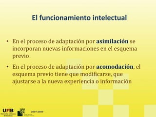 El funcionamiento intelectual
         El funcionamiento intelectual

• En el proceso de adaptación por asimilación se 
  incorporan nuevas informaciones en el esquema 
  incorporan nuevas informaciones en el esquema
  previo
• En el proceso de adaptación por acomodación el
  En el proceso de adaptación por acomodación, el 
  esquema previo tiene que modificarse, que 
  ajustarse a la nueva experiencia o información
   j                     p



         2007-2009
 