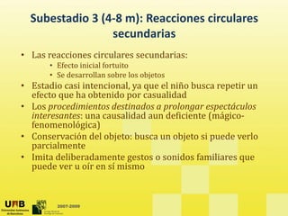 Subestadio 3 (4‐8 m): Reacciones circulares 
                 secundarias
                       d i
• Las reacciones circulares secundarias:
       • Efecto inicial fortuito
       • Se desarrollan sobre los objetos
• Estadio casi intencional, ya que el niño busca repetir un 
  efecto que ha obtenido por casualidad 
   f t       h bt id                lid d
• Los procedimientos destinados a prolongar espectáculos 
  interesantes: una causalidad aun deficiente (mágico‐
  fenomenológica)
• Conservación del objeto: busca un objeto si puede verlo 
  parcialmente
• I i d lib d
  Imita deliberadamente gestos o sonidos familiares que 
                                        id f ili
  puede ver u oír en sí mismo


         2007-2009
 