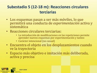 Subestadio 5 (12‐18 m): Reacciones circulares 
                  terciarias
• Los esquemas pasan a ser más móviles, lo que 
        q       p                      , q
  permitirá una conducta de experimentación activa y 
  sistemática
• Reacciones circulares terciarias:
  Reacciones circulares terciarias:
     • La introducción de modificaciones en las repeticiones permite 
       aprender nuevos esquemas por experimentación y tanteo
     • Carácter intencional (no casual)
       Carácter intencional (no casual)
• Encuentra el objeto en los desplazamientos cuando 
  ve la trayectoria 
• E
  Espacio más objetivo e imitación más deliberada, 
         i   á bj i      i i ió      á d lib d
  activa y precisa


       2007-2009
 