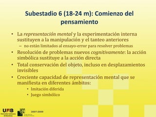 Subestadio 6 (18‐24 m): Comienzo del 
                   (       )
                  pensamiento
• La representación mental y la experimentación interna
  La representación mental y la experimentación interna 
  sustituyen a la manipulación y el tanteo anteriores
   – no están limitados al ensayo‐error para resolver problemas
• Resolución de problemas nuevos cognitivamente: la acción 
  simbólica sustituye a la acción directa
• Total conservación del objeto, incluso en desplazamientos 
                             j ,               p
  invisibles
• Creciente capacidad de representación mental que se 
  manifiesta en diferentes ámbitos:
  manifiesta en diferentes ámbitos:
       • Imitación diferida
       • Juego simbólico


         2007-2009
 