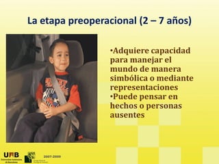 La etapa preoperacional (2  7 años)
La etapa preoperacional (2 – 7 años)

                  •Adquiere capacidad 
                  para manejar el 
                  mundo de manera 
                  simbólica o mediante 
                  representaciones
                   P d             
                  •Puede pensar en 
                  hechos o personas 
                  ausentes



   2007-2009
 