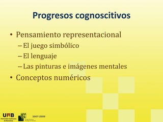 Progresos cognoscitivos
      Progresos cognoscitivos
• Pensamiento representacional
  Pensamiento representacional
  – El juego simbólico
  – El lenguaje
  – Las pinturas e imágenes mentales
         p             g
• Conceptos numéricos



      2007-2009
 