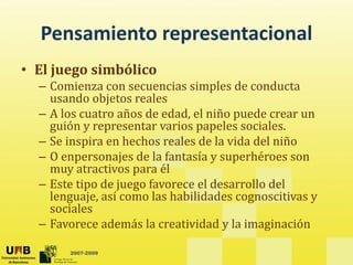 Pensamiento representacional
  Pensamiento representacional
• El juego simbólico
     j g
  – Comienza con secuencias simples de conducta 
    usando objetos reales
  – A los cuatro años de edad el niño puede crear un
    A los cuatro años de edad, el niño puede crear un 
    guión y representar varios papeles sociales.
  – Se inspira en hechos reales de la vida del niño 
  – O enpersonajes de la fantasía y superhéroes son 
    muy atractivos para él
  – Este tipo de juego favorece el desarrollo del 
           p     j g
    lenguaje, así como las habilidades cognoscitivas y 
    sociales
  – Favorece además la creatividad y la imaginación
    Favorece además la creatividad y la imaginación

       2007-2009
 